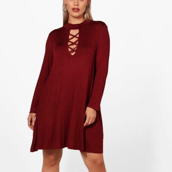 Boohoo Plus Fay Tie‎ Neck Long Sleeve Swing Dress - Picture 1 of 7